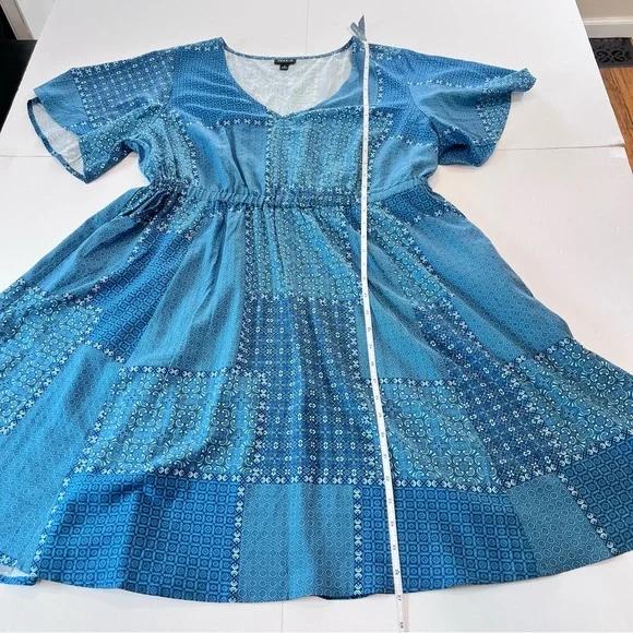 Torrid Blue Patchwork Short Sleeve Pockets Challis Flare Dress Size 1X - Picture 9 of 10